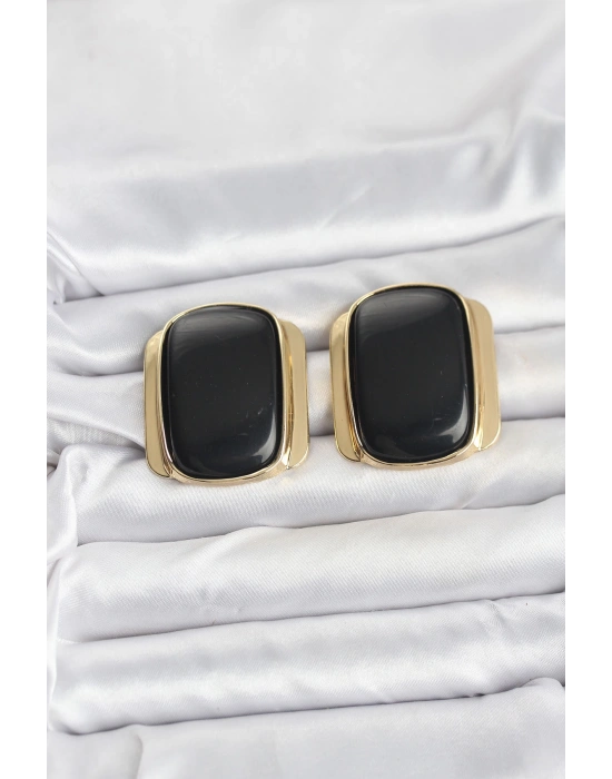 Pirinç Gold Renk Siyah Plaka Vintage Kadın Küpe