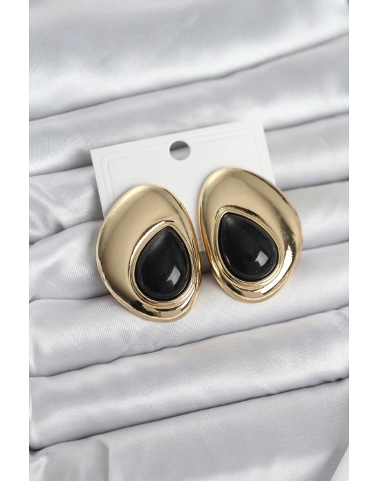 Pirinç Gold Renk Siyah Taşlı Damla Model Vintage Kadın Küpe
