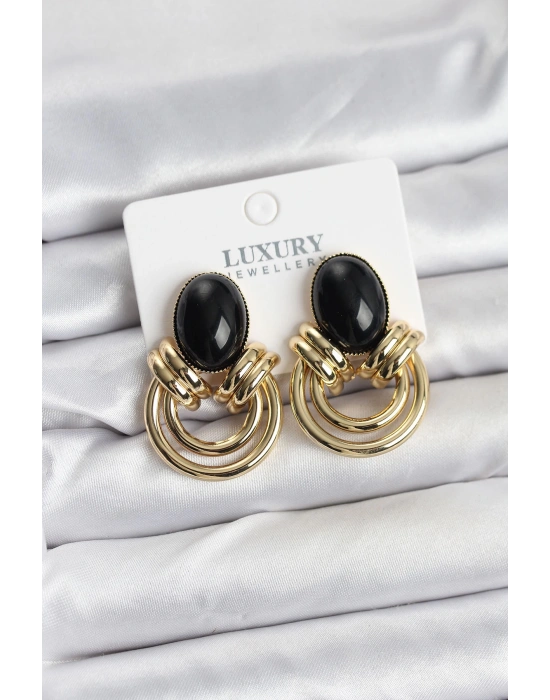 Pirinç Gold Renk Siyah Taşlı Vintage Kadın Küpe