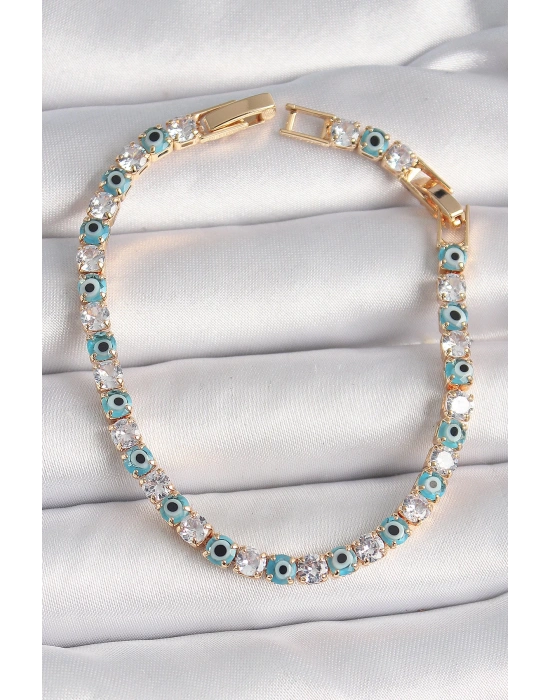 Pirinç Gold Renk Su Yolu Zirkon Taşlı Nazar Boncuklu Kadın Bileklik