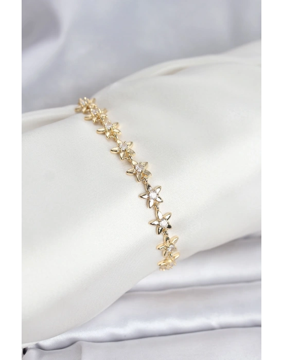 Pirinç Gold Renk VIP Seri Sıralı Taşlı Yıldız Model Zirkon Taşlı Kadın Bileklik