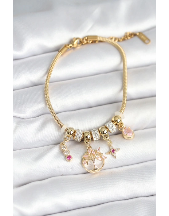 Pirinç Gold Renk Yaşam Ağacı Charmlı Kadın Bileklik