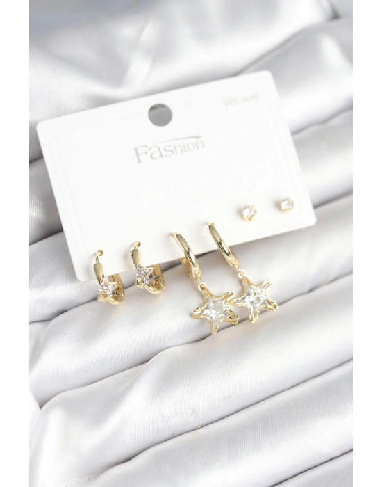 Pirinç Gold Renk Yıldız Model 925 Gümüş Çivili Kadın Küpe Seti