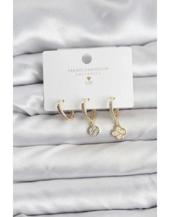 Pirinç Gold Renk Yonca Model 3lü Kadın Küpe Seti