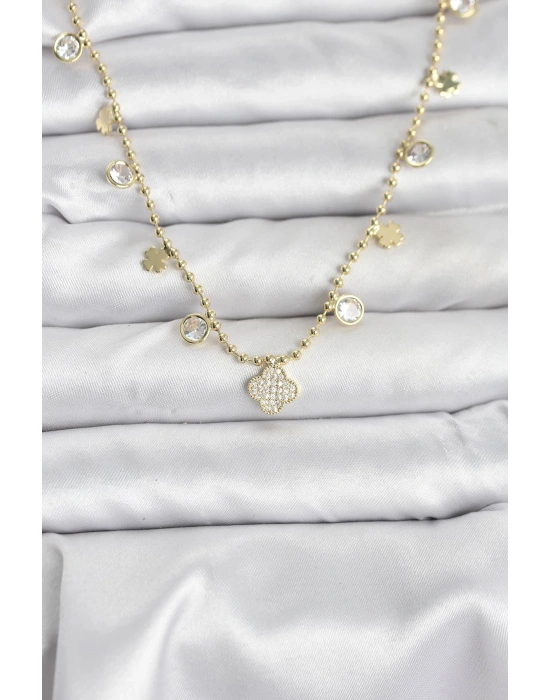 Pirinç Gold Renk Yonca Model Kadın Kolye