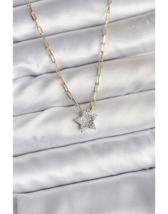 Pirinç Gold Renk Zincirli Zirkon Taşlı Minimal Yıldız Model Kadın Kolye