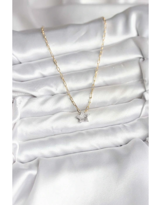 Pirinç Gold Renk Zincirli Zirkon Taşlı Minimal Yıldız Model Kadın Kolye