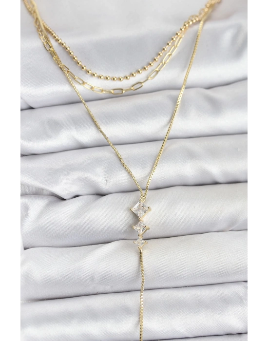 Pirinç Gold Renk Zirkon Taş Detaylı 3lü Kombin Y Kadın Kolye