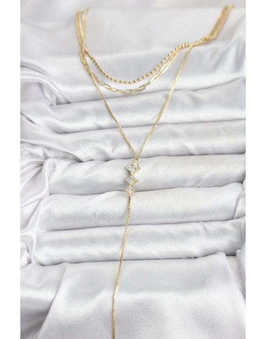 Pirinç Gold Renk Zirkon Taş Detaylı 3lü Kombin Y Kadın Kolye