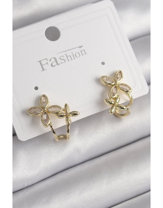 Pirinç Gold Renk Zirkon Taşlı 2Li Çiçek Model Kadın Küpe