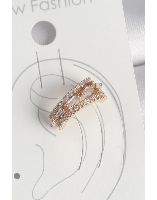 Pirinç Gold Renk Zirkon Taşlı 3Lü Sıralı Model Kadın Kıkırdak Küpe