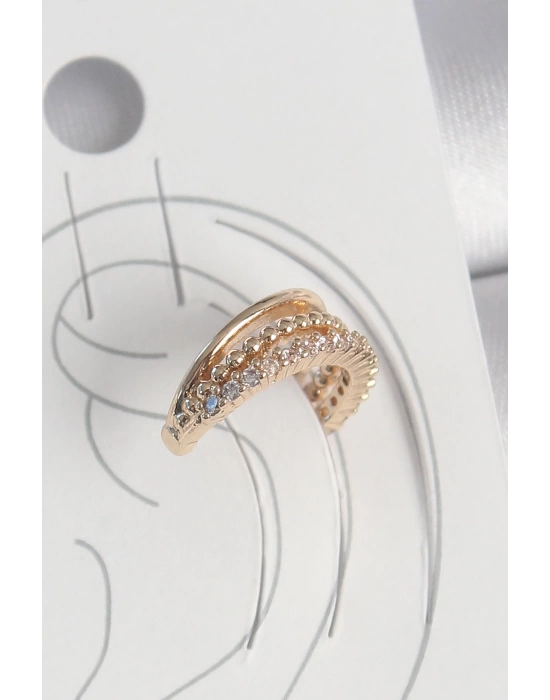 Pirinç Gold Renk Zirkon Taşlı 3Lü Sıralı Model Kadın Kıkırdak Küpe