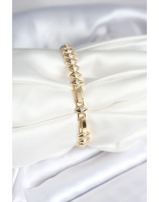 Pirinç Gold Renk Zirkon Taşlı Baklava Model Kadın Bileklik