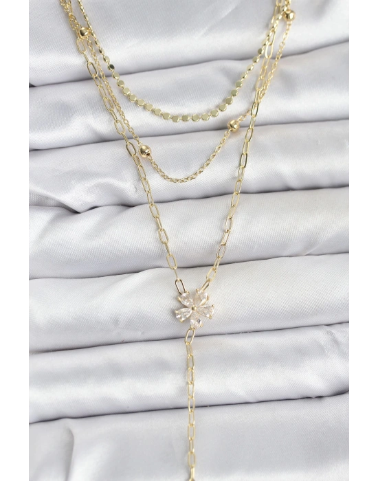 Pirinç Gold Renk Zirkon Taşlı Çiçek Model Detaylı 3lü Kombin Y Kadın Kolye