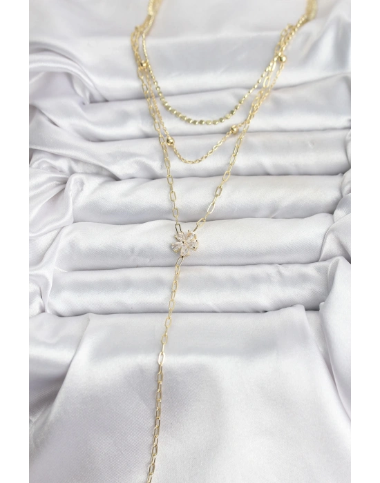 Pirinç Gold Renk Zirkon Taşlı Çiçek Model Detaylı 3lü Kombin Y Kadın Kolye