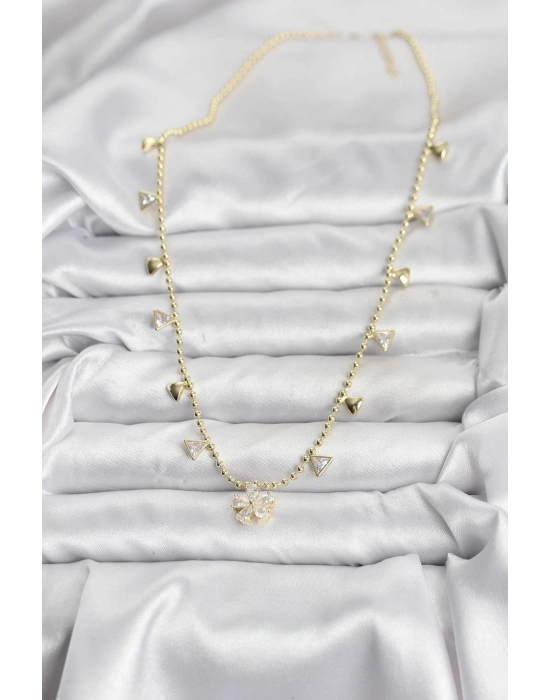 Pirinç Gold Renk Zirkon Taşlı Çiçek Model Kadın Kolye