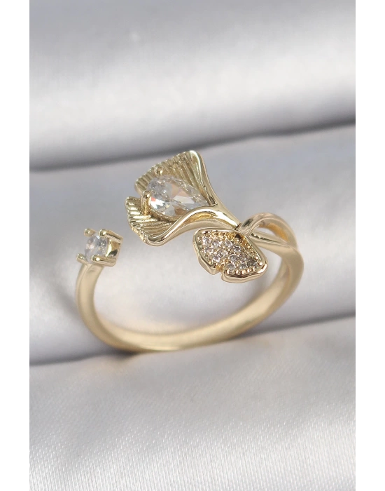 Pirinç Gold Renk Zirkon Taşlı Deniz Kabuğu Model Ayarlanabilir Kadın Yüzük