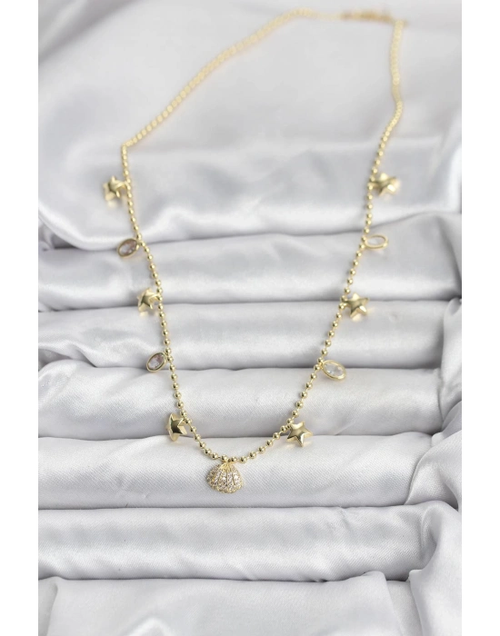 Pirinç Gold Renk Zirkon Taşlı Deniz Kabuğu Model Kadın Kolye