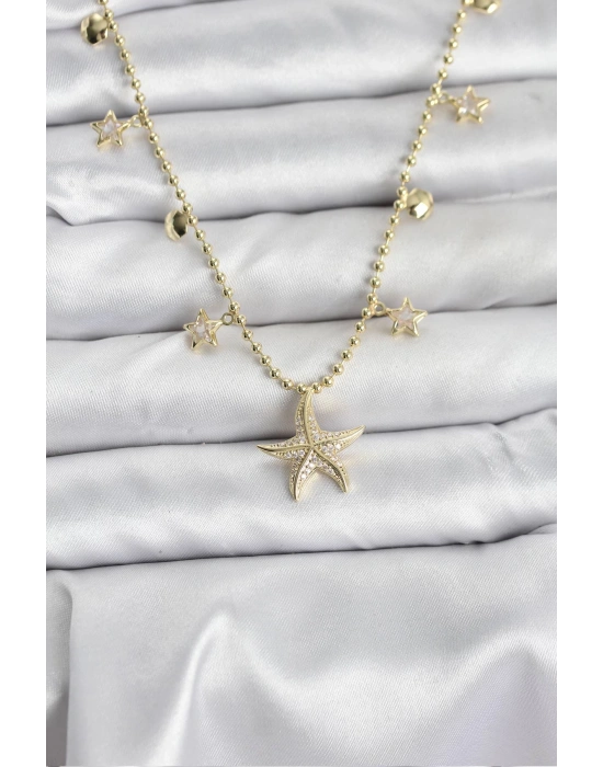 Pirinç Gold Renk Zirkon Taşlı Deniz Yıldızı Model Kadın Kolye