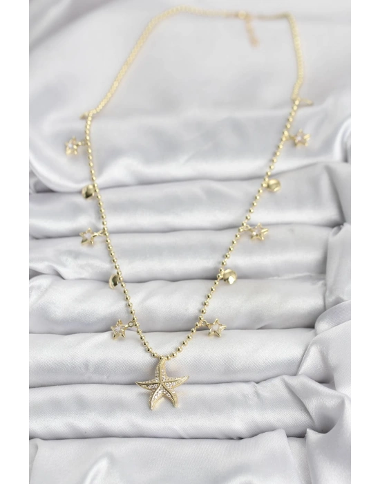 Pirinç Gold Renk Zirkon Taşlı Deniz Yıldızı Model Kadın Kolye