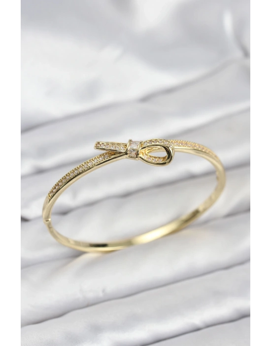 Pirinç Gold Renk Zirkon Taşlı Fiyonk Model Kadın Kelepçe Bileklik