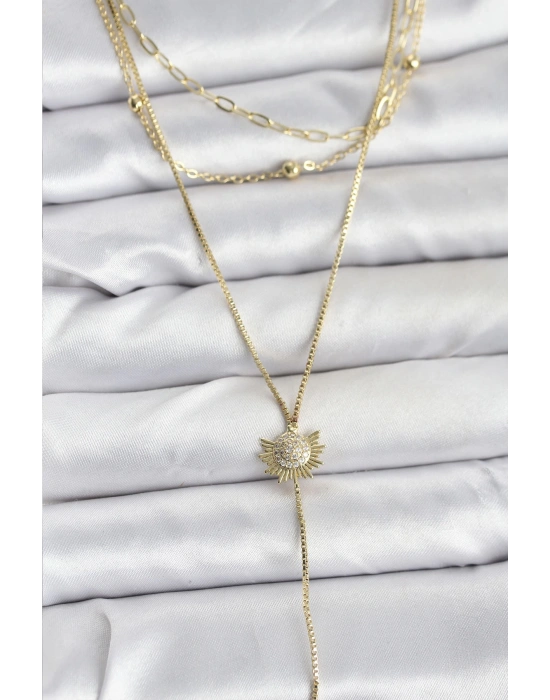 Pirinç Gold Renk Zirkon Taşlı Güneş Model Detaylı 3lü Kombin Y Kadın Kolye