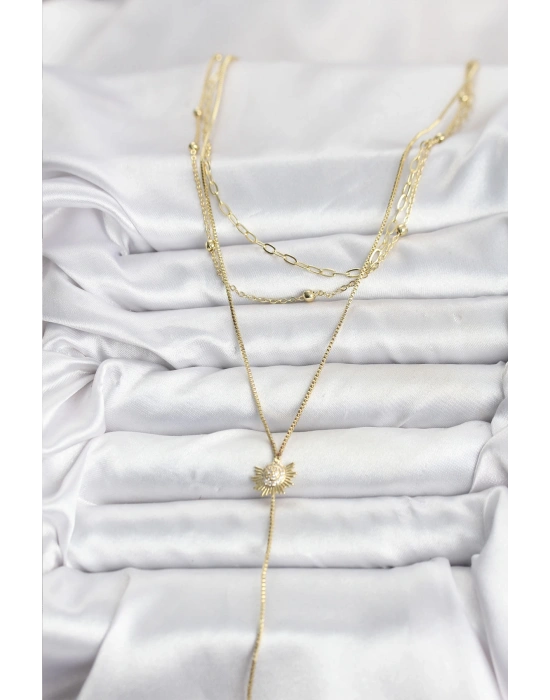 Pirinç Gold Renk Zirkon Taşlı Güneş Model Detaylı 3lü Kombin Y Kadın Kolye