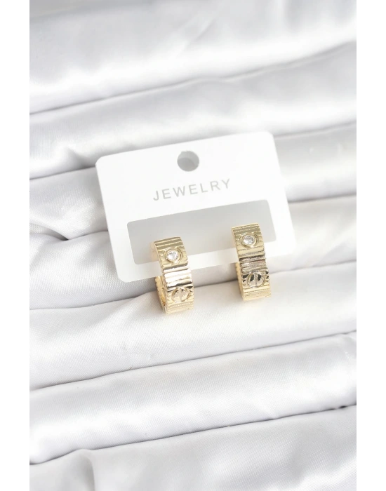 Pirinç Gold Renk Zirkon Taşlı Halka Kadın Küpe