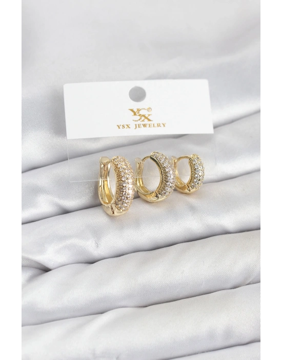 Pirinç Gold Renk Zirkon Taşlı Halka Model YSX Trio Küpe Seti