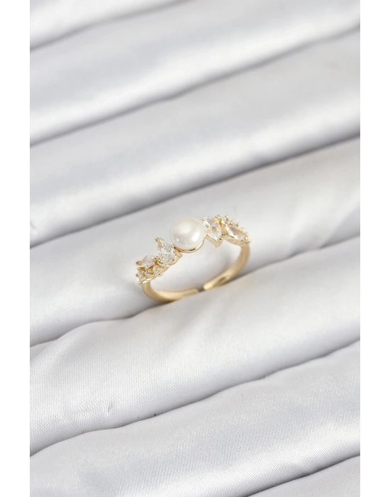 Pirinç Gold Renk Zirkon Taşlı İncili Model Kadın Yüzük