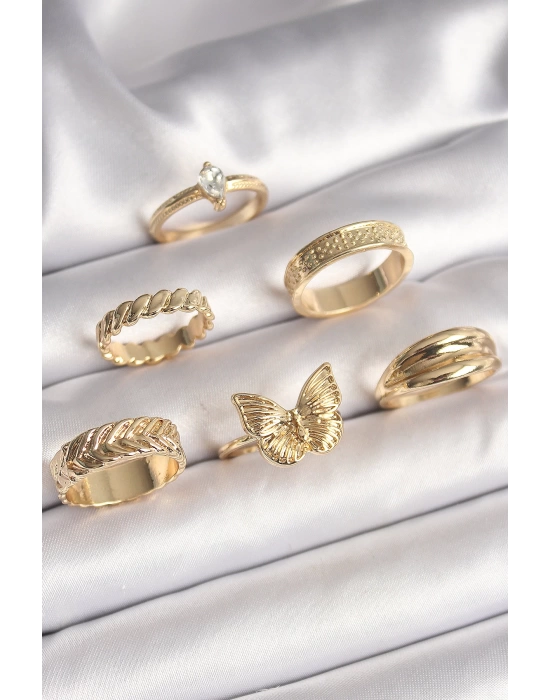 Pirinç Gold Renk Zirkon Taşlı İşleme Detaylı Kelebek Figürlü 6Lı Kadın Yüzük Seti
