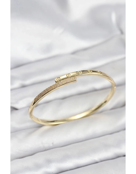 Pirinç Gold Renk Zirkon Taşlı Kadın Kelepçe Bileklik