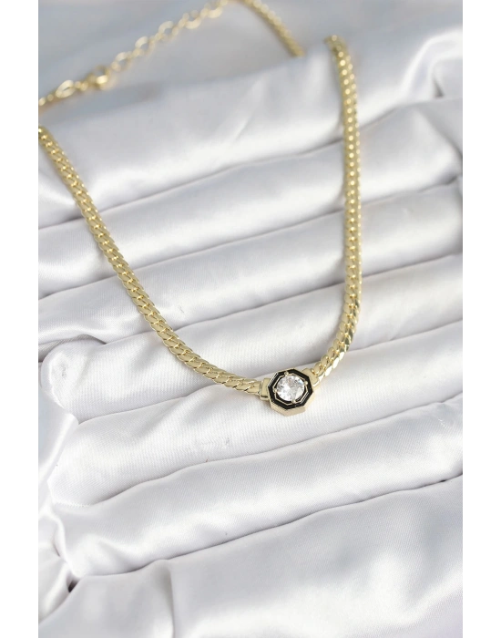 Pirinç Gold Renk Zirkon Taşlı Kadın Kolye