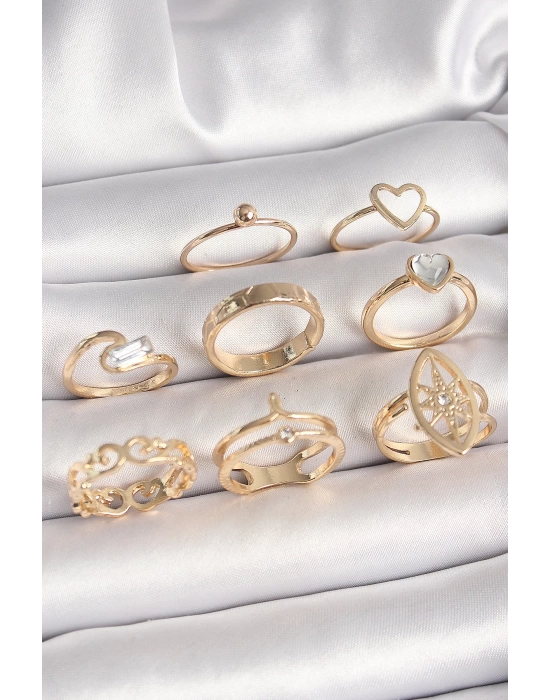 Pirinç Gold Renk Zirkon Taşlı Kalp Model Kutup Yıldız Detay Kadın Yüzük Kombini