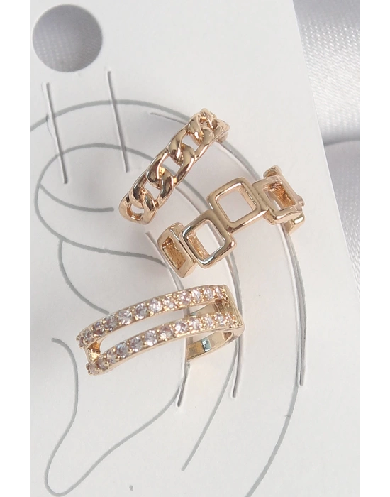 Pirinç Gold Renk Zirkon Taşlı Kare Zincir Model Kadın Kıkırdak Küpe