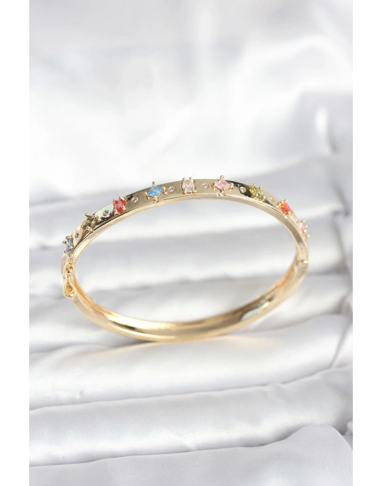 Pirinç Gold Renk Zirkon Taşlı Kelepçe Bileklik