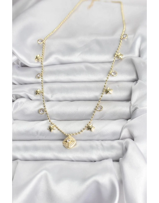 Pirinç Gold Renk Zirkon Taşlı Kutup Yıldızı Model Kadın Kolye