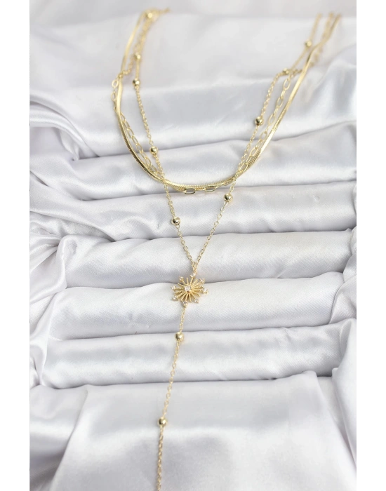 Pirinç Gold Renk Zirkon Taşlı Model Detaylı 3lü Kombin Y Kadın Kolye