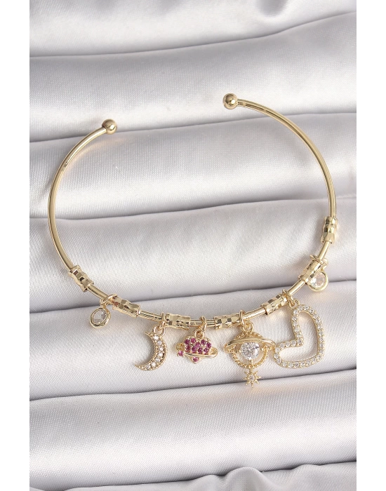 Pirinç Gold Renk Zirkon Taşlı Sallantı Gezegen Model Yıldız Detay Charm Kadın Bileklik
