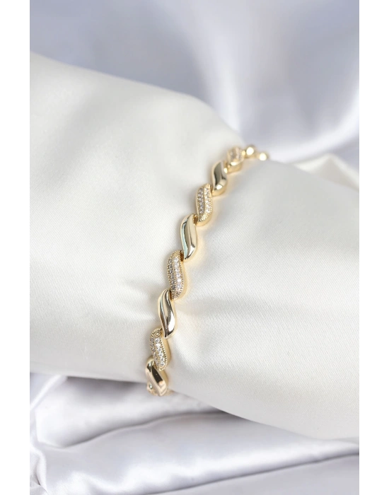 Pirinç Gold Renk Zirkon Taşlı Sarmal Model Kadın Bileklik