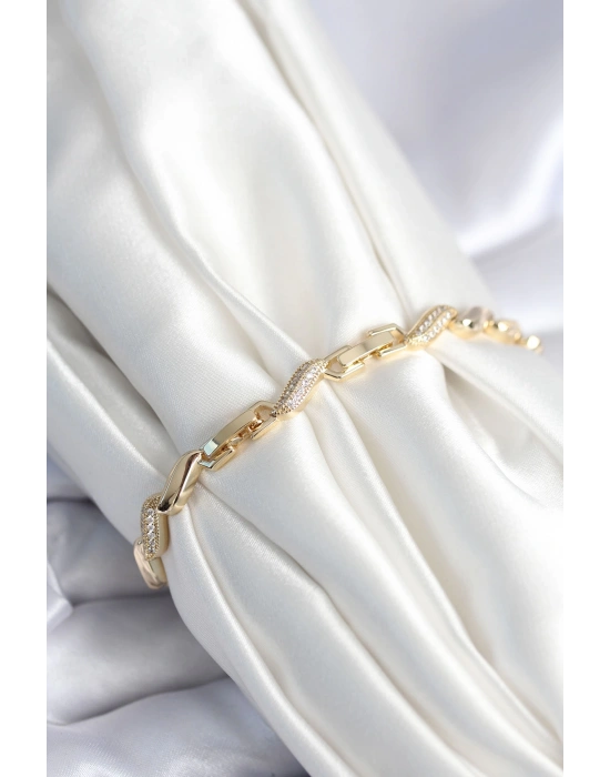 Pirinç Gold Renk Zirkon Taşlı Sarmal Model Kadın Bileklik