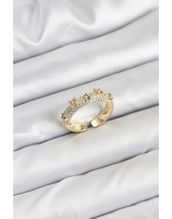 Pirinç Gold Renk Zirkon Taşlı Vintage Kadın Yüzük