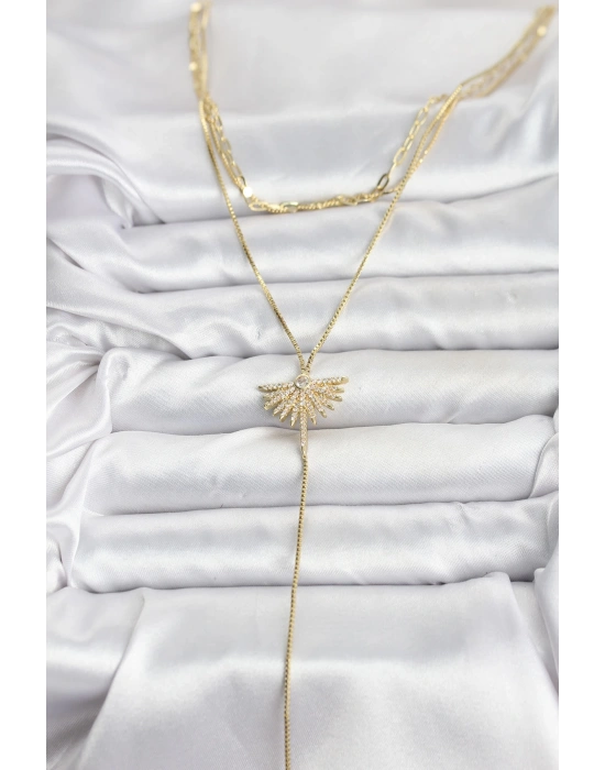 Pirinç Gold Renk Zirkon Taşlı Yelpaze Model Detaylı 3lü Kombin Y Kadın Kolye