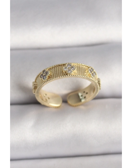 Pirinç Gold Renk Zirkon Taşlı Yonca İşlemeli Ayarlanabilir Yüzük