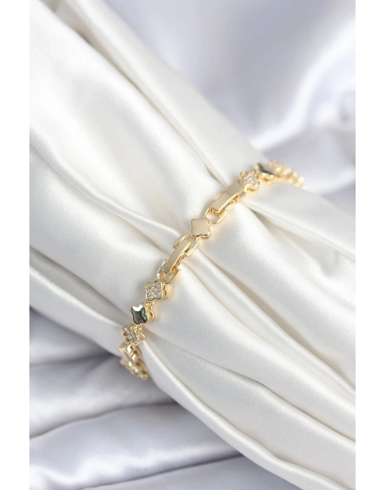 Pirinç Gold Renk Zirkon Taşlı Yonca Model Kadın Bileklik