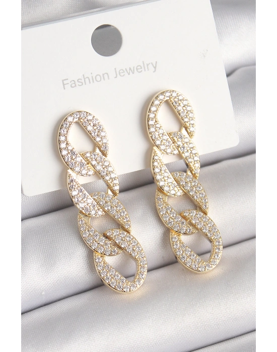 Pirinç Gold Renk Zirkon Taşlı Zincir Model Kadın Küpe