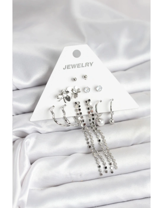 Pirinç Gümüş Renk 6 Çift Kadın Küpe