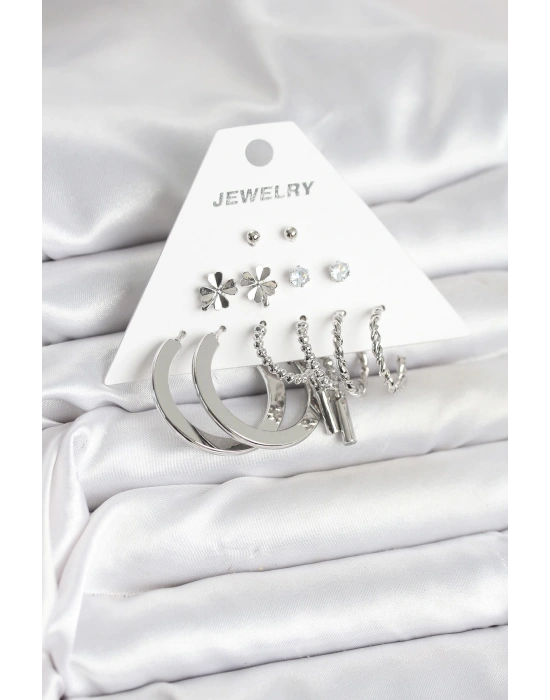 Pirinç Gümüş Renk 6 Çift Kadın Küpe Seti