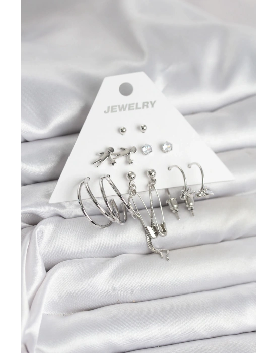 Pirinç Gümüş Renk 6lı Kadın Küpe Seti