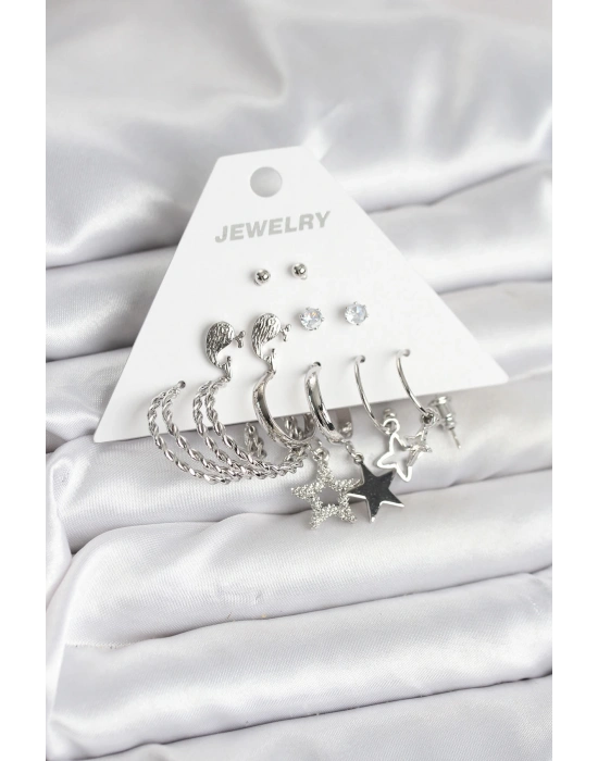 Pirinç Gümüş Renk 6lı Kadın Küpe Seti